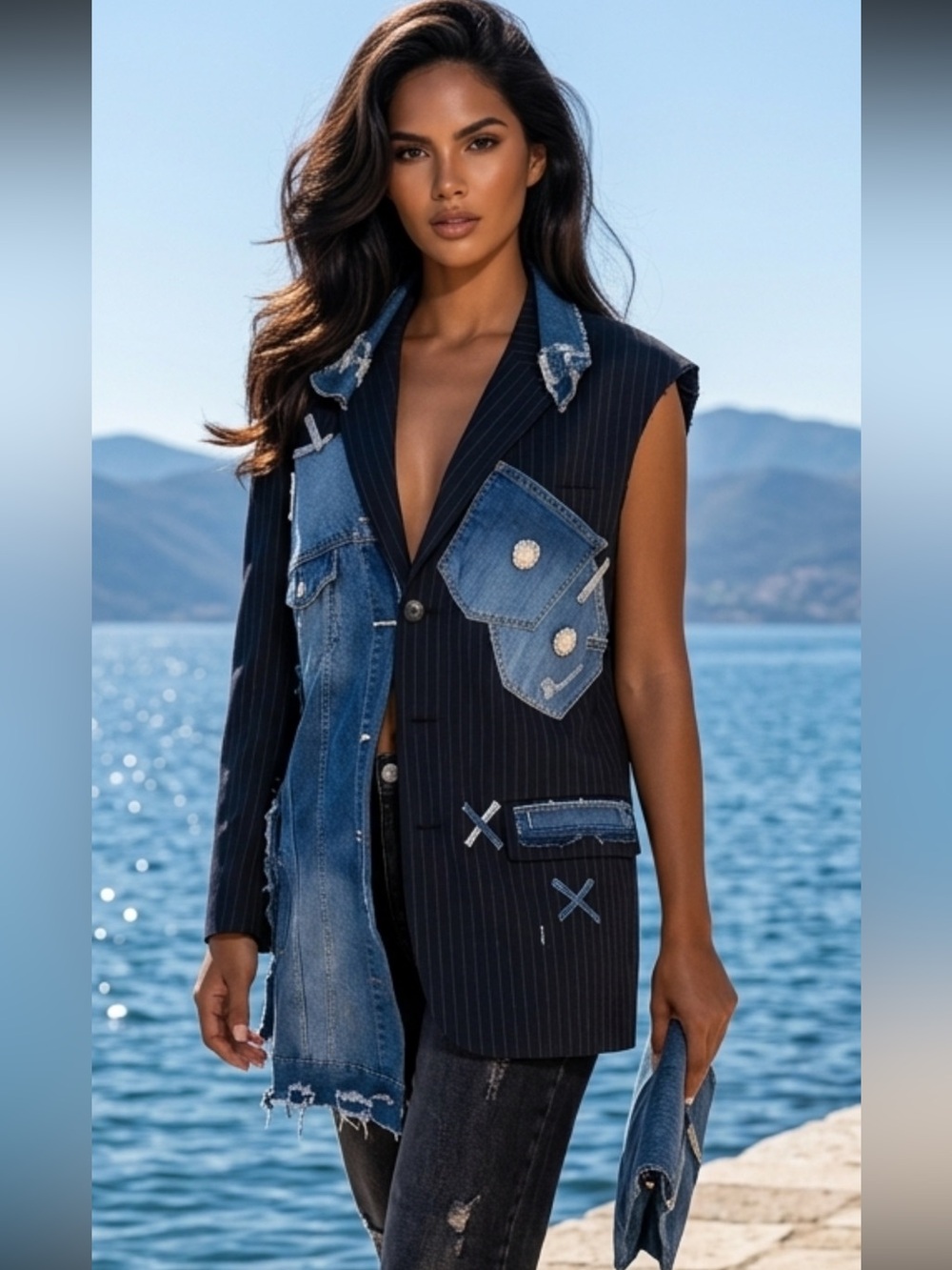 Upcycled one Sleeveless Pinstripe & Denim Patch blazer size L